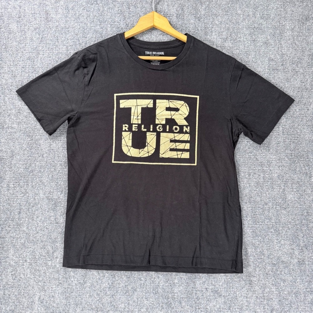True Religion Men's Medium Black Gold Square Logo Graphic T-Shirt 100% Cotton